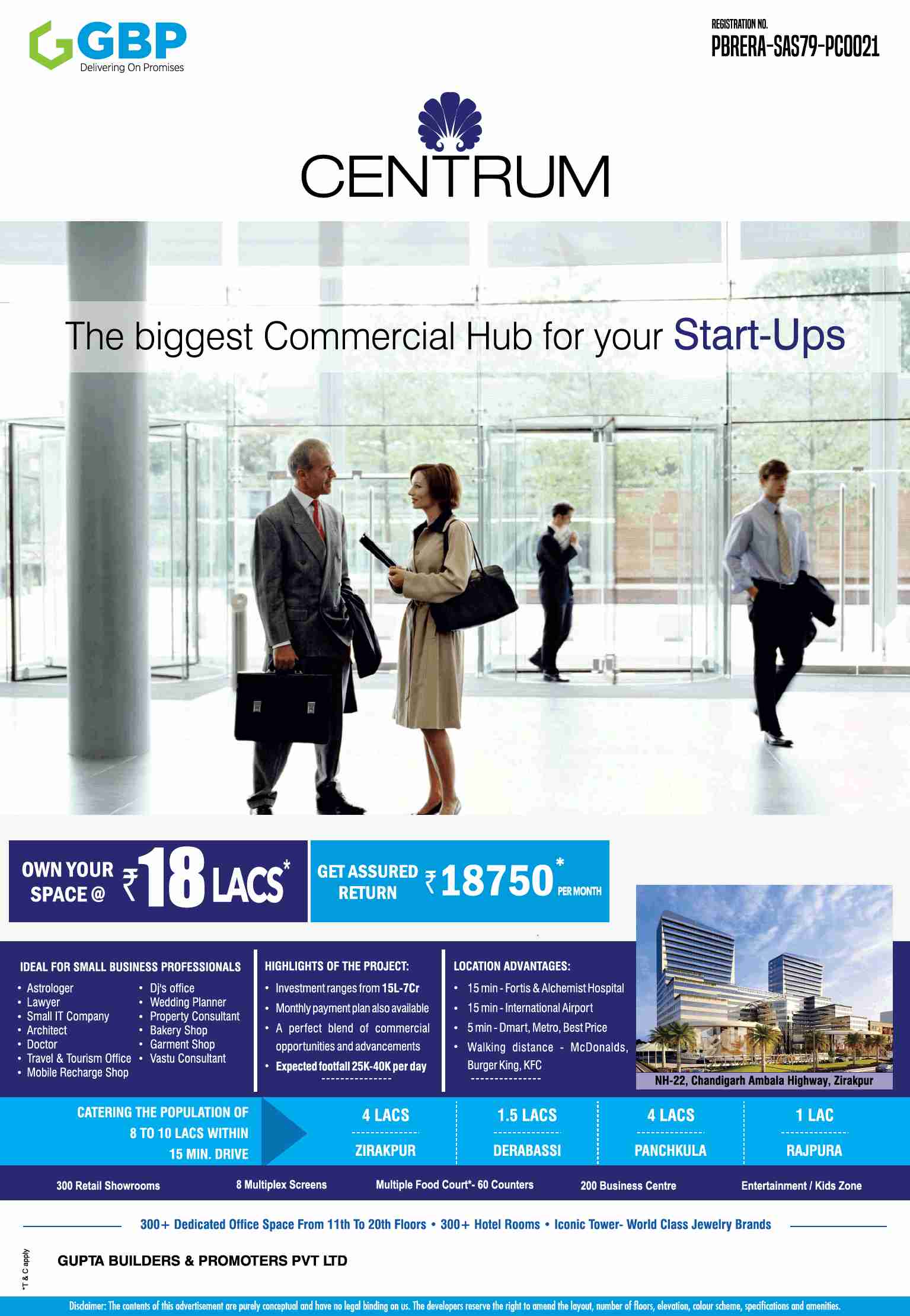 Own space @ Rs 18 Lacs at GBP Centrum in Zirakpur, Chandigarh Update